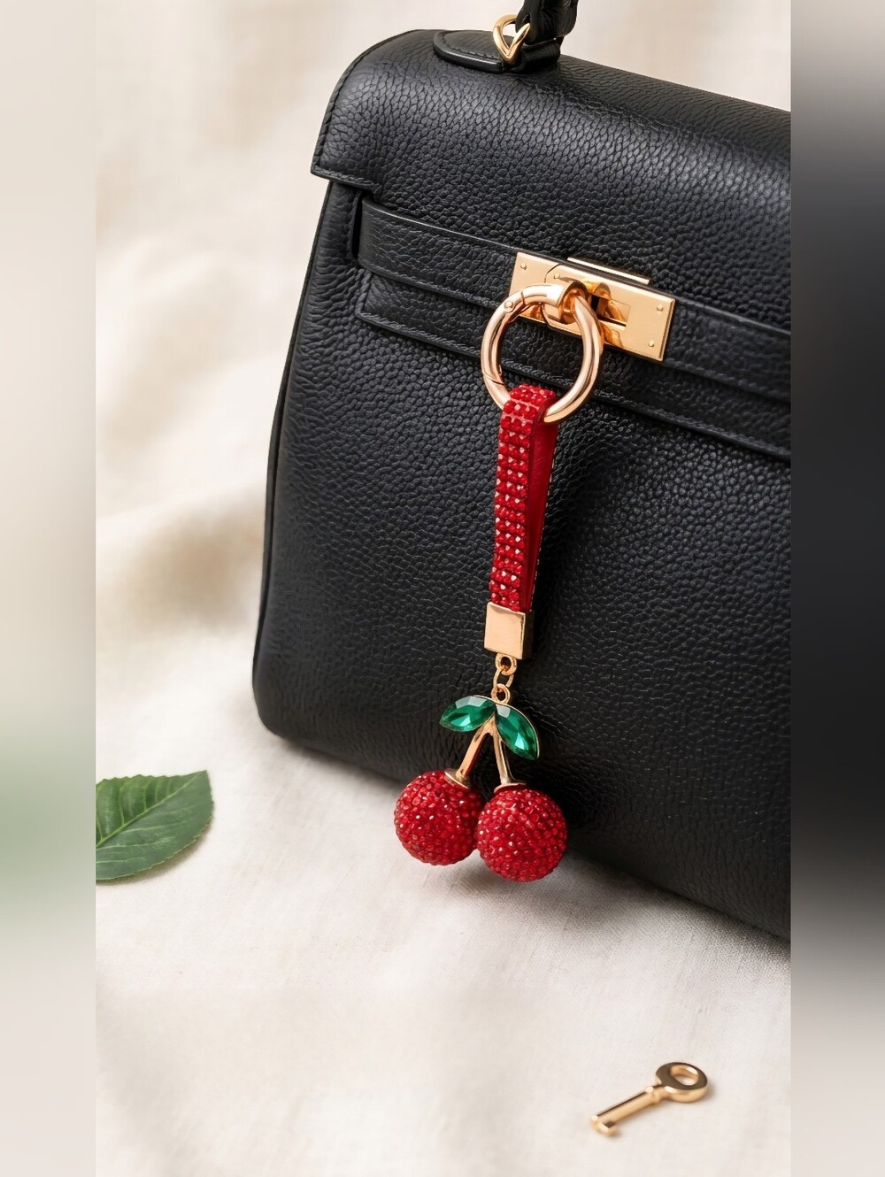Red Cherry Bag Charm Keychain - Gold Hardware